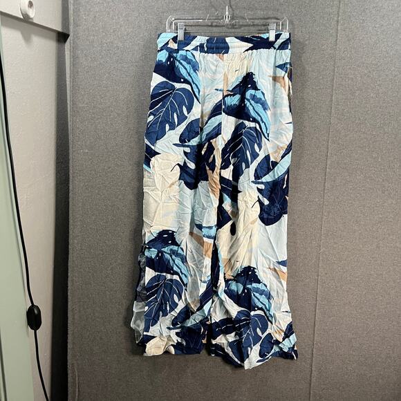 Peace Love World Petite Wide-Les Woven Pants Blue Palm, Petite Medium - Picture 1 of 9